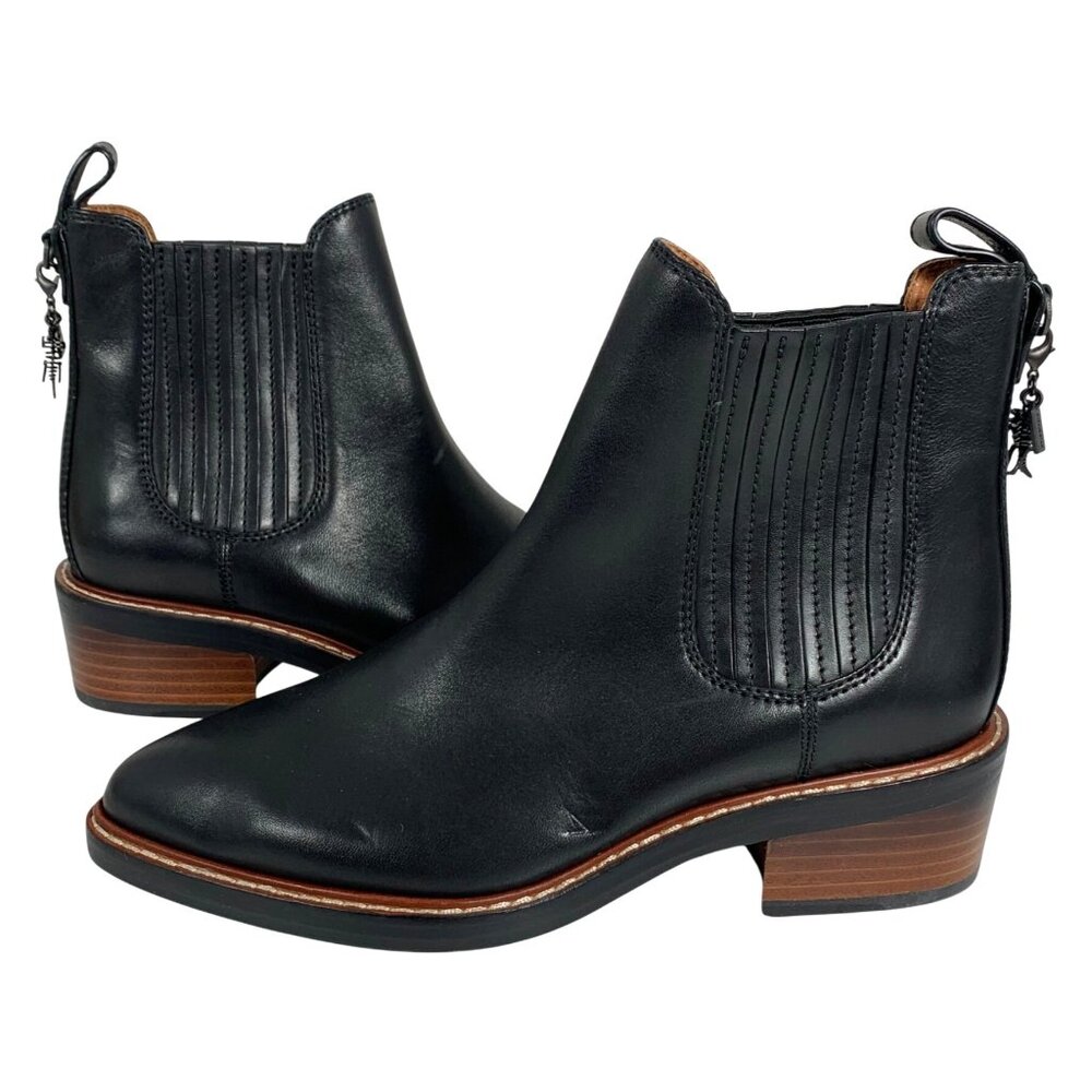 COACH Bowery Chelsea Black Leather Boots Rex Charm Bootie Womens SZ 5B Flaw #2
